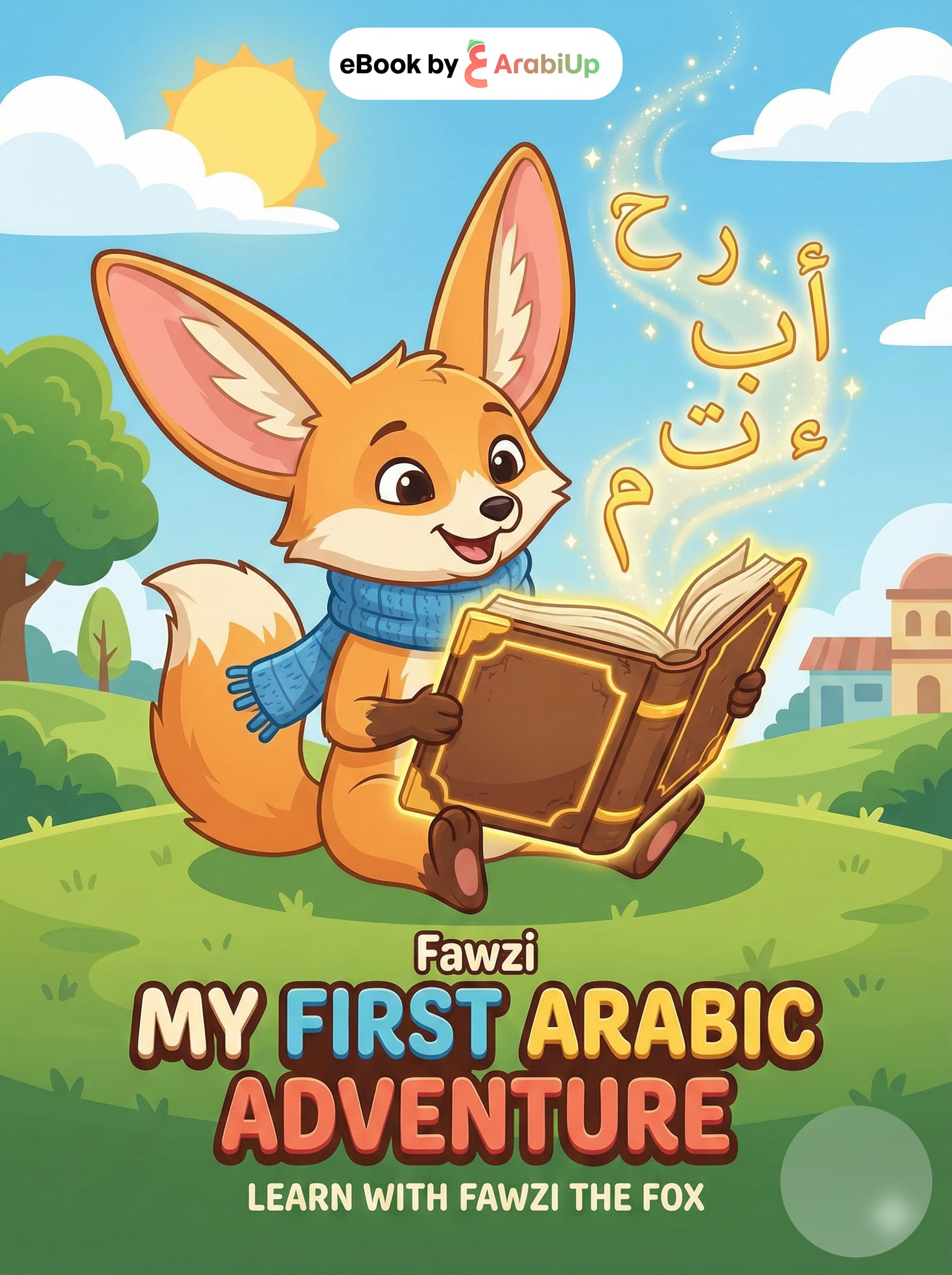 My First Arabic Adventure eBook Cover featuring Fawzi the Fox and Glowing Arabic Letters